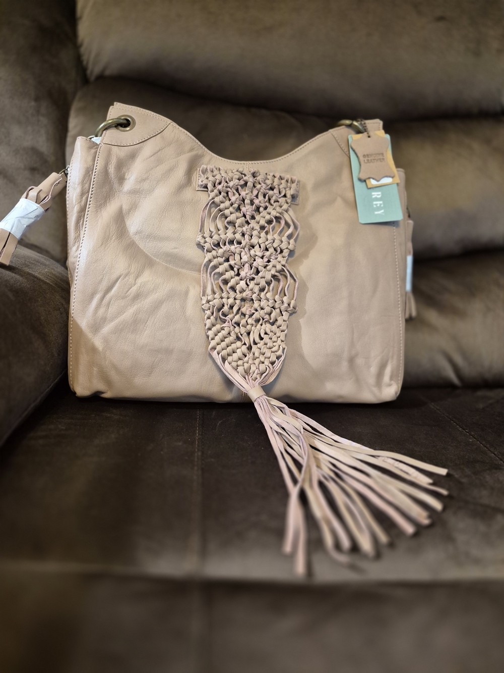 Taupe Leather Macramé Tassel Tote